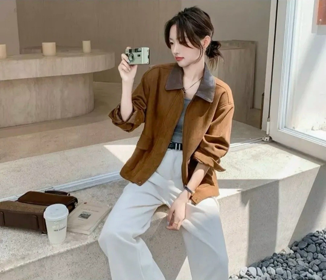 замшевая куртка,женская замшевая короткая куртка в корейском стиле,повседневная куртка,куртка из искусственной замши,замшевая куртка женская