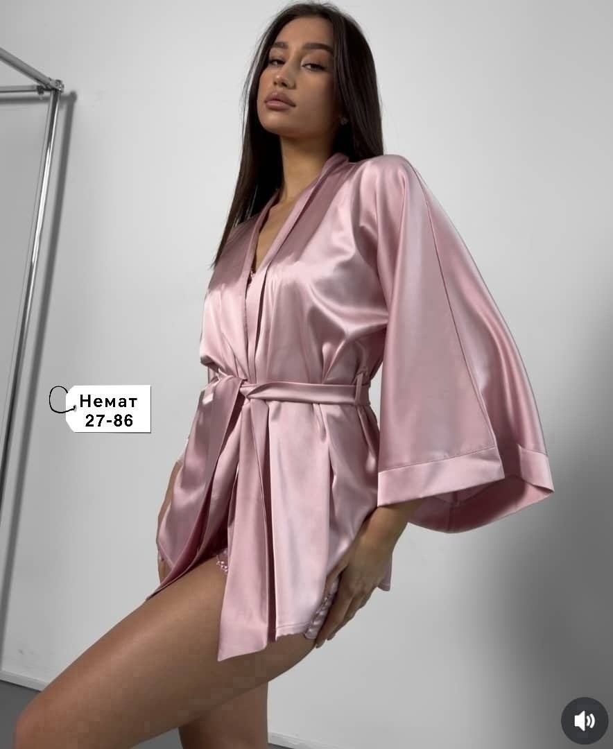 женский атласный пижамный комплект с халат,женский шелковый пижамный комплект,пеньюар,женский шелковый домашний комплект халат, топ и шорты розовый,женская пижама