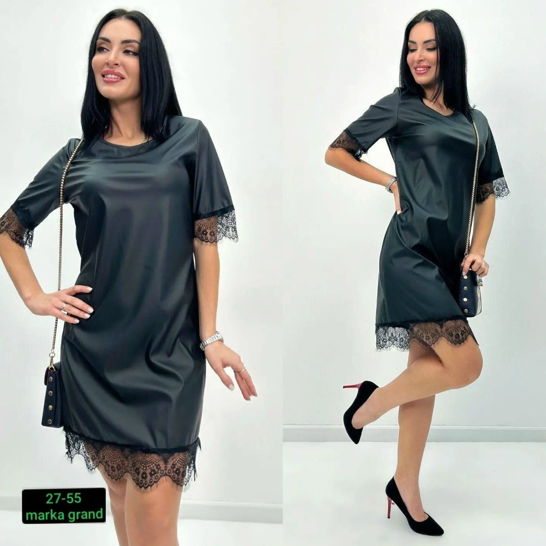 женское платье с кружевом,платье миди из экокожи,платье с кружевом внизу,женское черное платье с экокожи с кружевом,стильное платье с кружевом внизу