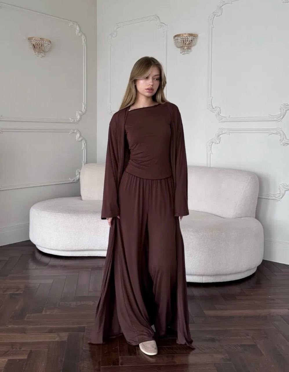 костюм тройка: кардиган, топ, брюки палаццо (плотный хлопок),костюм тройка с кардиганом,трикотажный костюм,костюм тройка с длинным кардиганом,костюм тройка