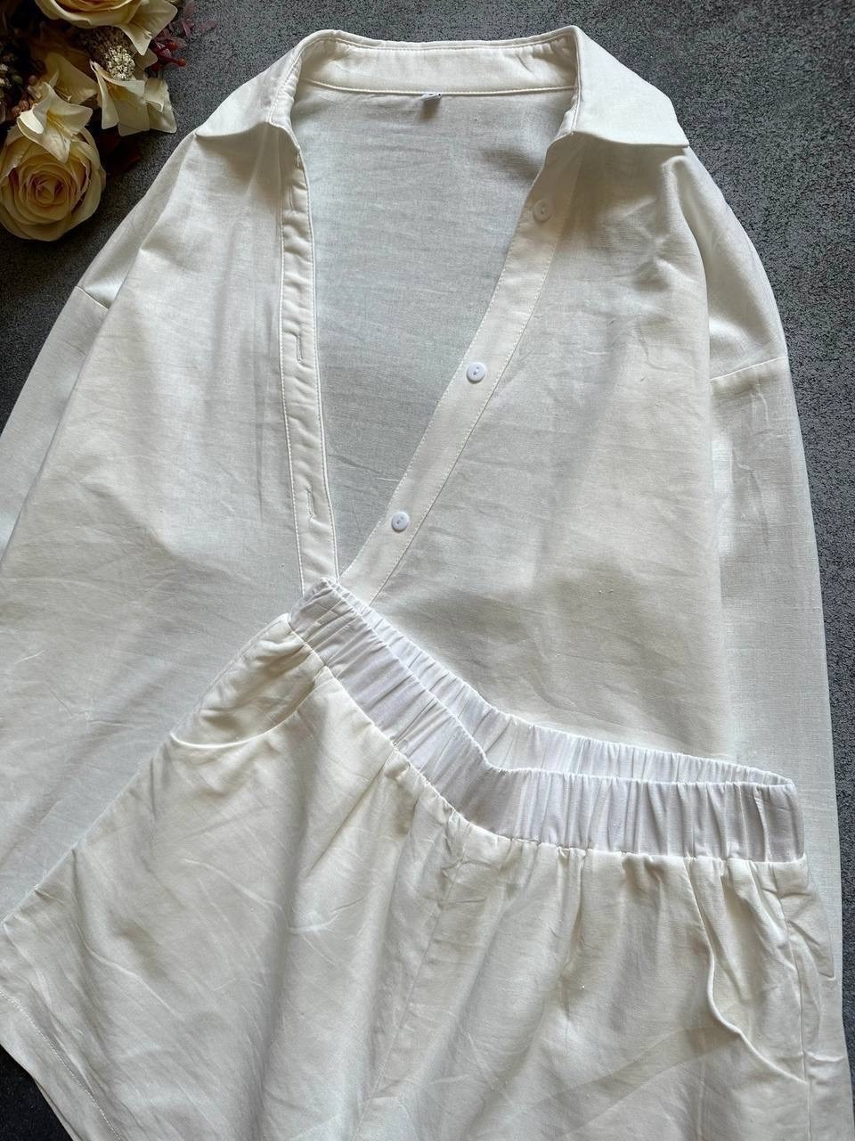 женский льняной костюм с шортами,летний костюм с рубашкой,льняной костюм с шортами,костюм с шортами и рубашкой,туника рубашка оверсайз