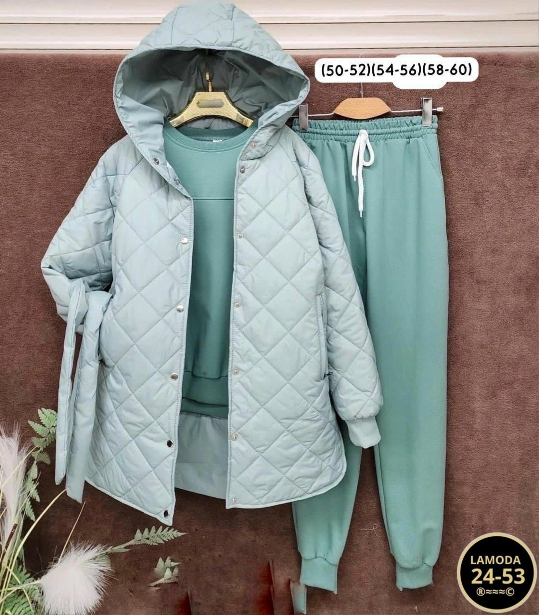 куртка-жатка,костюм женский на флисе,костюм теплый на флисе,костюм спортивный тройка с длинным стеганым пальто cubi shop,костюм тройка с курткой