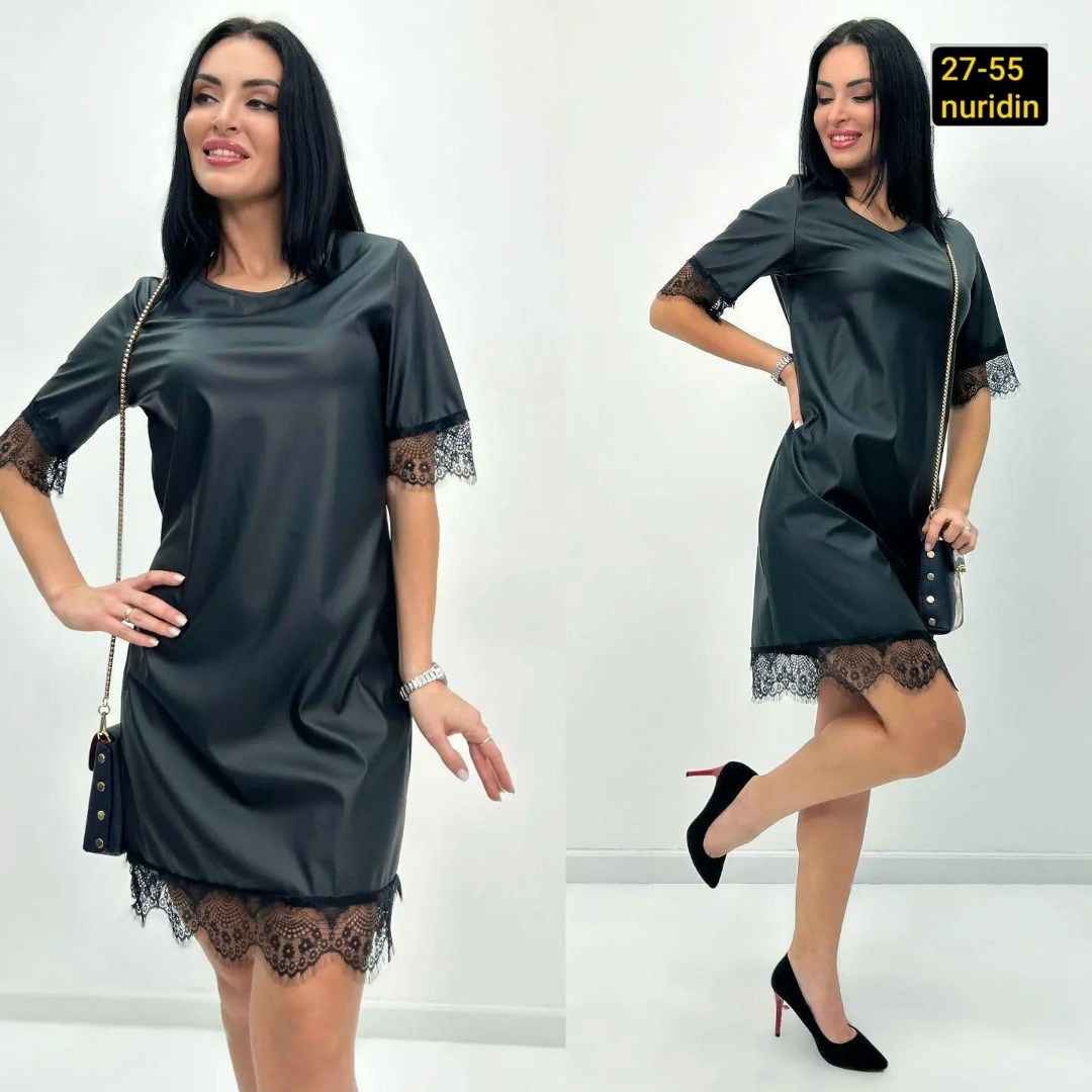 женское платье с кружевом,платье с кружевом внизу,женское черное платье с экокожи с кружевом,платье миди из экокожи,стильное платье с кружевом внизу