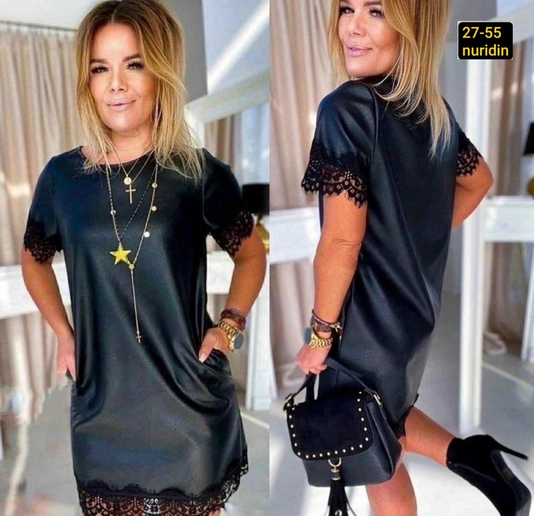 женское платье с кружевом,платье с кружевом внизу,женское черное платье с экокожи с кружевом,платье миди из экокожи,стильное платье с кружевом внизу