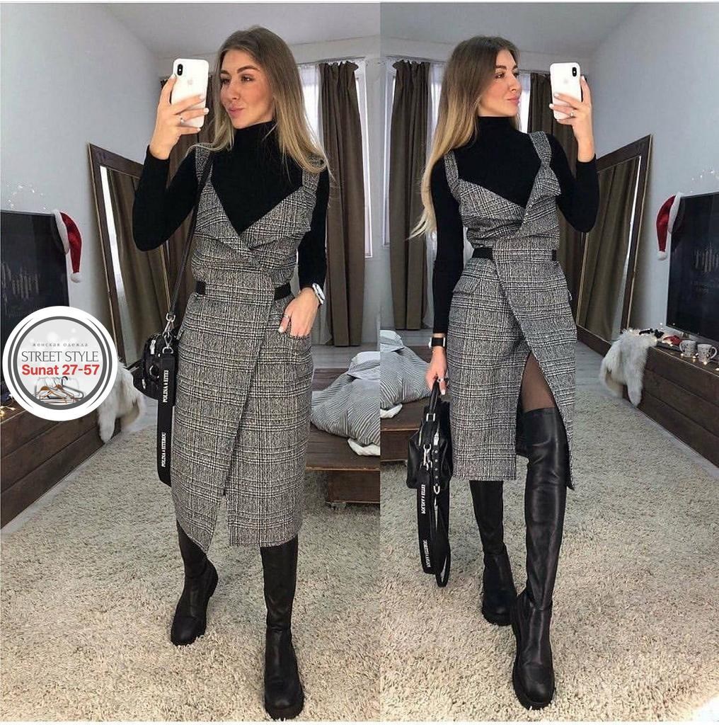 твидовый сарафан,сарафан офисный в клетку на запах,теплый сарафан,сарафан,сарафан из драпа