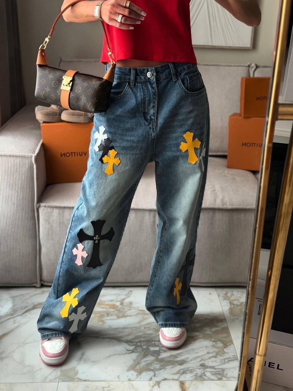 джинсы с вышивкой,джинсы с крестом,джинсовые брюки,джинсы с принтом,осенние y2k винтажные джинсы с цветочной вышивкой для мужчин