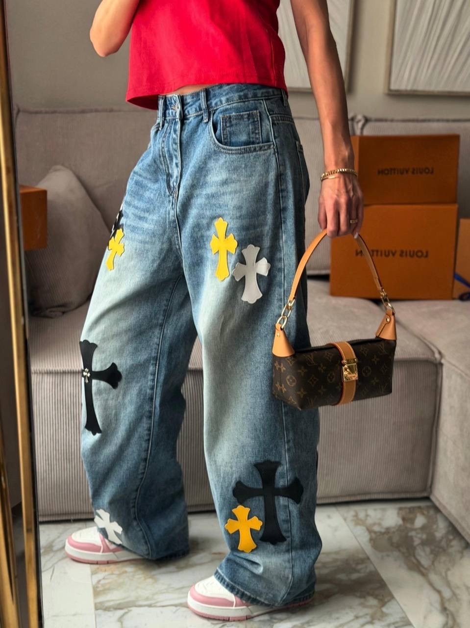 джинсы с вышивкой,джинсы с крестом,джинсовые брюки,джинсы с принтом,осенние y2k винтажные джинсы с цветочной вышивкой для мужчин