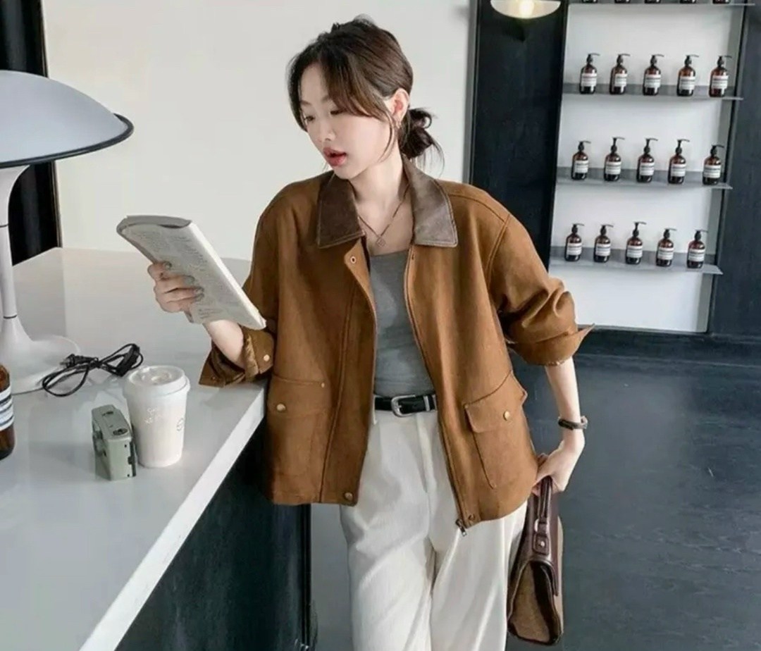 замшевая куртка,женская замшевая короткая куртка в корейском стиле,повседневная куртка,куртка из искусственной замши,замшевая куртка женская