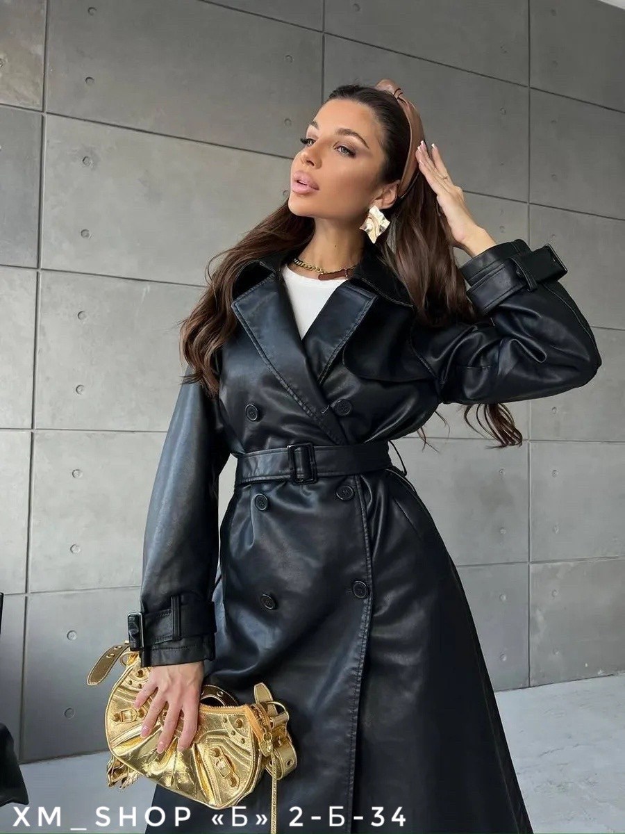 тренч пальто длинный плащ экокожа,тренч из экокожи в базовом черном цвете,кожаный плащ тренч женский,женское пальто из экокожи,тренч из экокожи в базовом черном цвете арт.3795967