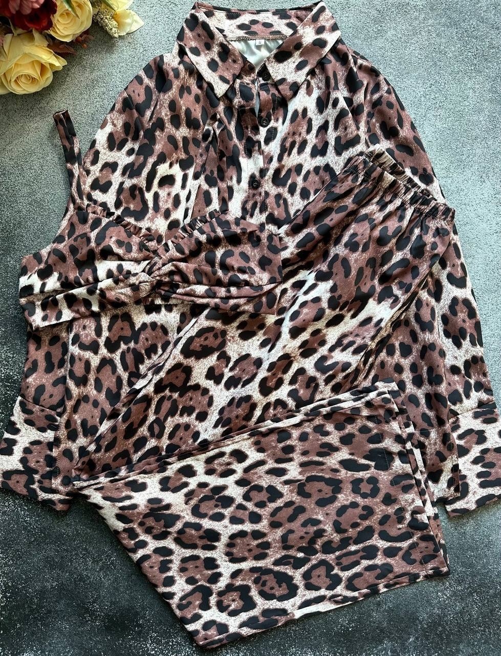 шелковая пижама,брючный костюм в пижамном стиле vi&jul,костюм женский леопардовый,леопардовый костюм женский брючный,костюм брючный летний леопардовый al style