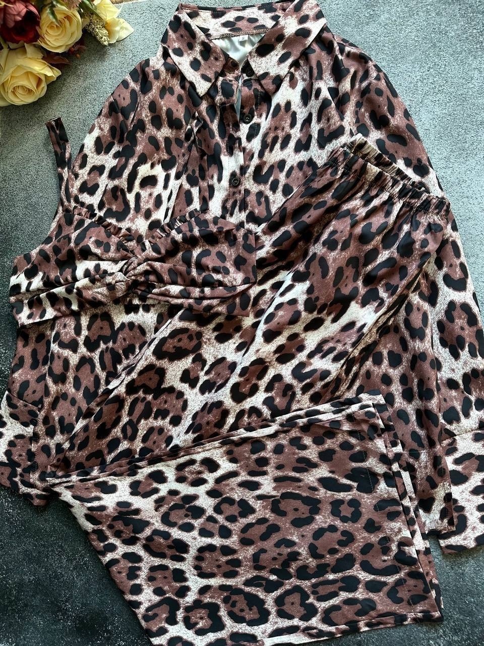 шелковая пижама,брючный костюм в пижамном стиле vi&jul,костюм женский леопардовый,леопардовый костюм женский брючный,костюм брючный летний леопардовый al style