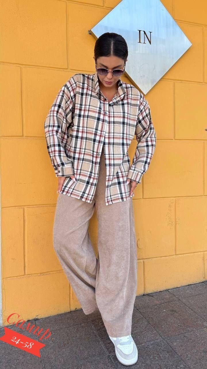 модный женский костюм,,рубашка оверсайз в клетку,женский костюм на флисе,женский костюм двойка