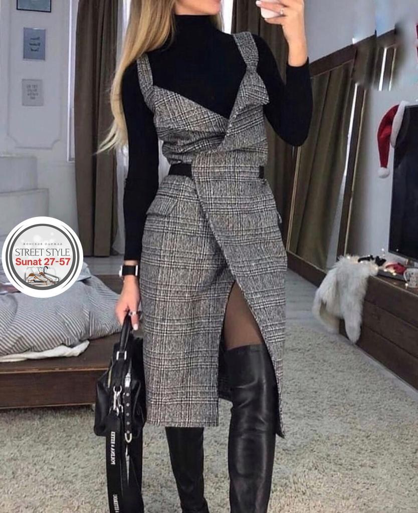 твидовый сарафан,сарафан офисный в клетку на запах,теплый сарафан,сарафан,сарафан из драпа