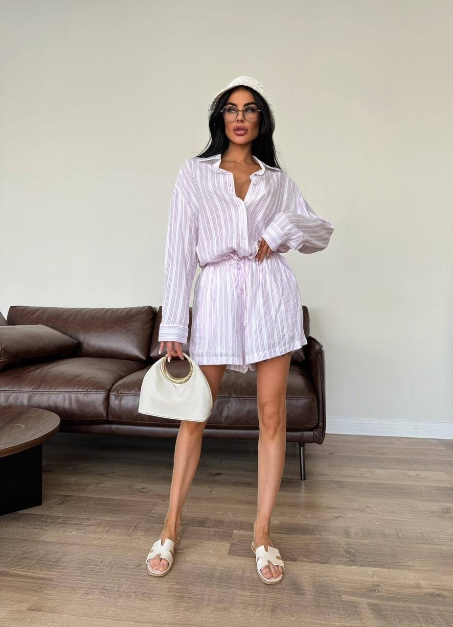 летний муслиновый костюм с шортами и рубашкой двойка myversion,летний костюм из рубашки и шорт белого цвета,костюм шорты и рубашка,летний муслиновый костюм с шортами и рубашкой двойка myversion цвет р