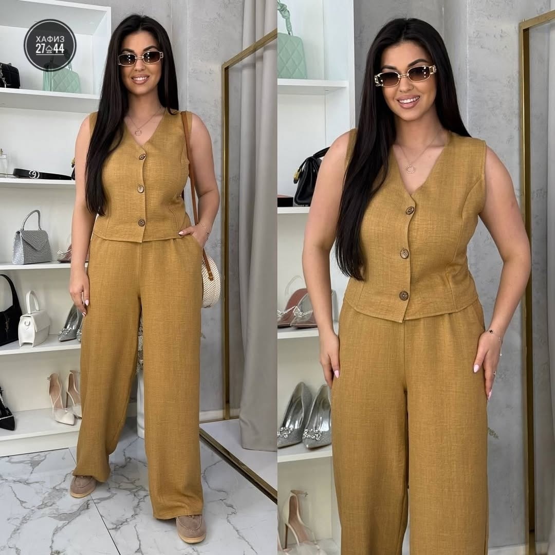 костюм двойка женская,костюм брючный женский,брючный костюм,костюм льняной летний брючный с жилетом и брюками паллацо,женский брючный костюм двойка