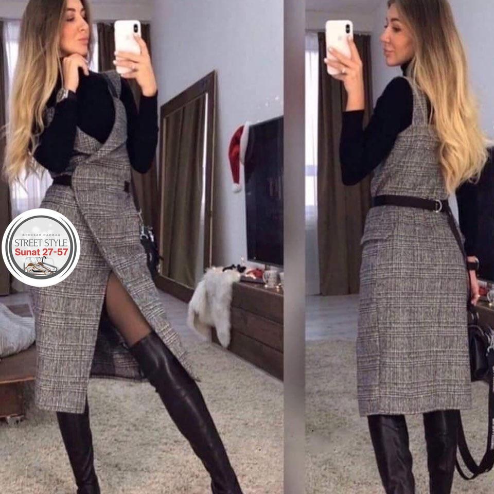 твидовый сарафан,сарафан офисный в клетку на запах,теплый сарафан,сарафан,сарафан из драпа