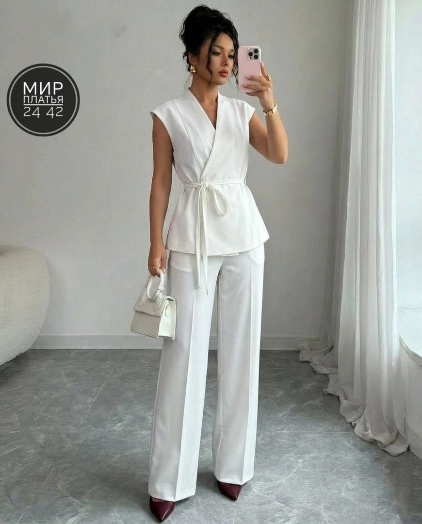 брючный костюм,летний брючный костюм с жилетом bk06-10-1,белый костюм брючный,стильные костюмы,костюм женский брючный