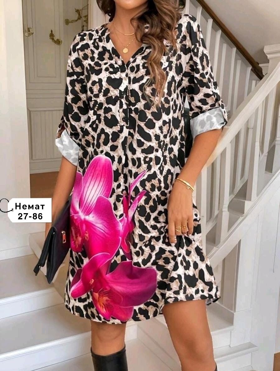 платье с леопардовым принтом,платье женское леопардовое,женское длинное платье с леопардовым принтом,платье леопардовый принт,женское летнее платье-рубашка poliester леопардовый принт