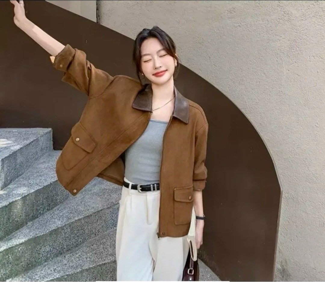 замшевая куртка,женская замшевая короткая куртка в корейском стиле,повседневная куртка,куртка из искусственной замши,замшевая куртка женская