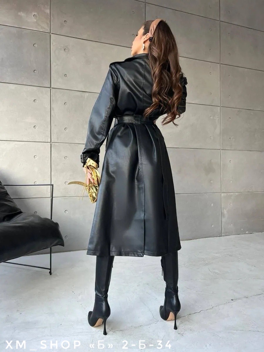 тренч пальто длинный плащ экокожа,тренч из экокожи в базовом черном цвете,кожаный плащ тренч женский,женское пальто из экокожи,тренч из экокожи в базовом черном цвете арт.3795967