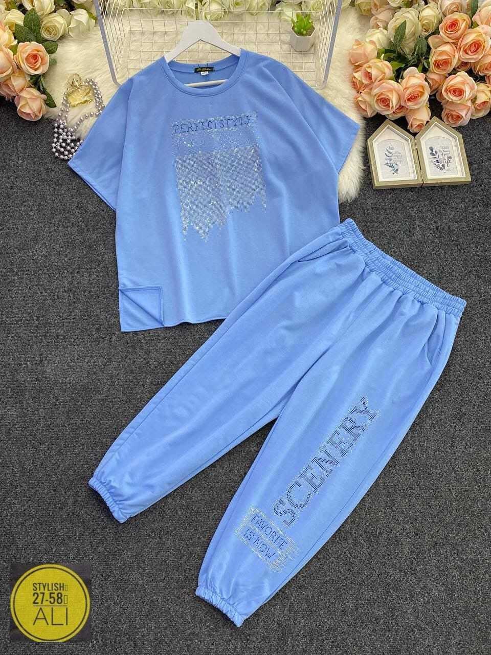 костюм спортивный женские летний,костюм двойка трикотаж,женский костюм двойка футболка/штаны nobilitas голубой (l размер),костюм спортивные женские костюмы,костюмы голубые