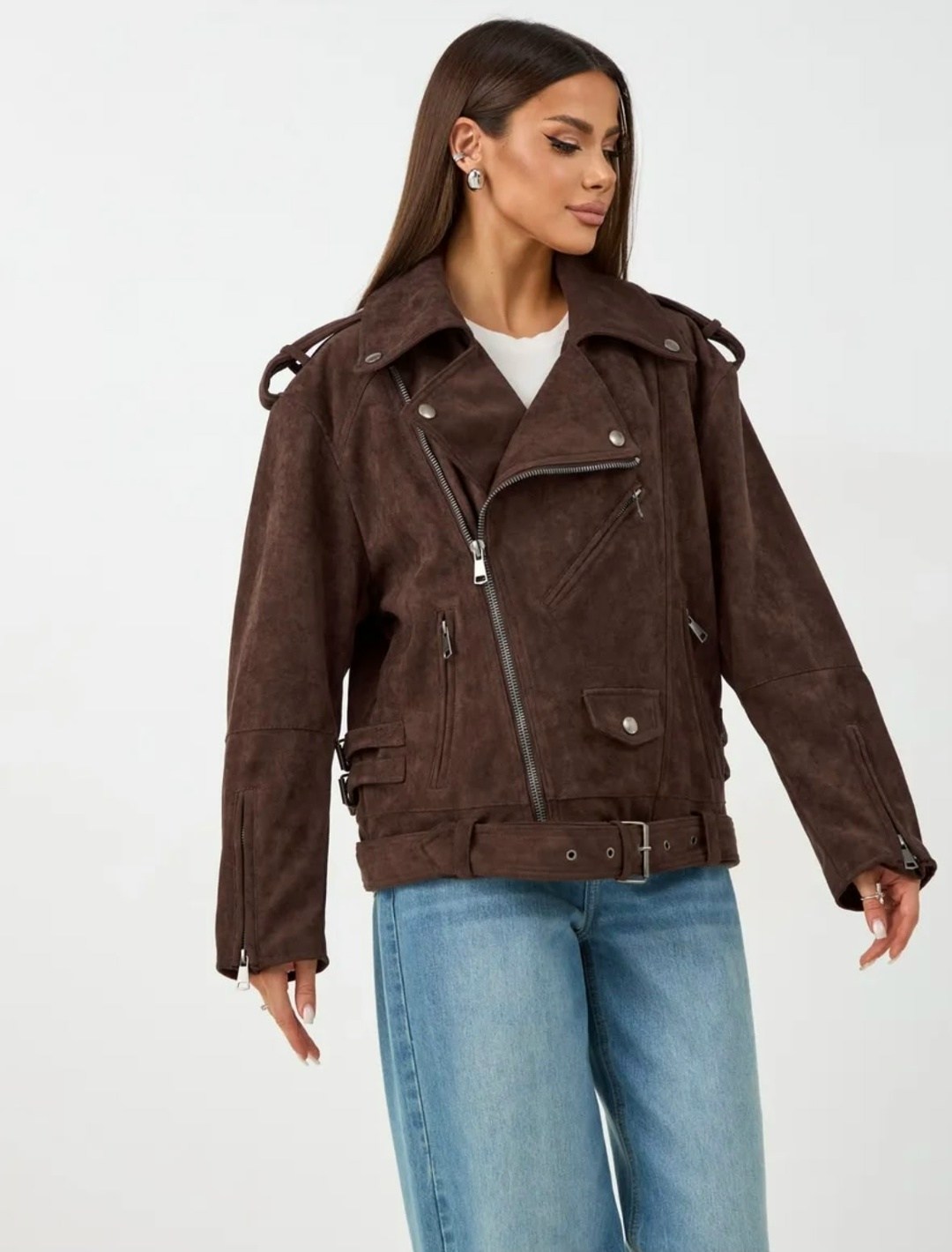 косуха кожаная куртка оверсайз saint shine,куртка косуха женская оверсайз с поясом коричневая,замшевая куртка,куртка из замши,косуха оверсайз кожаная куртка авиатор цвет коричневый