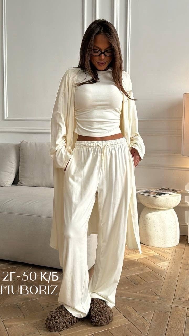 трикотажный костюм,костюм тройка с кардиганом,костюм тройка,костюм тройка с длинным кардиганом,костюм тройка: кардиган, топ, брюки палаццо (плотный хлопок)