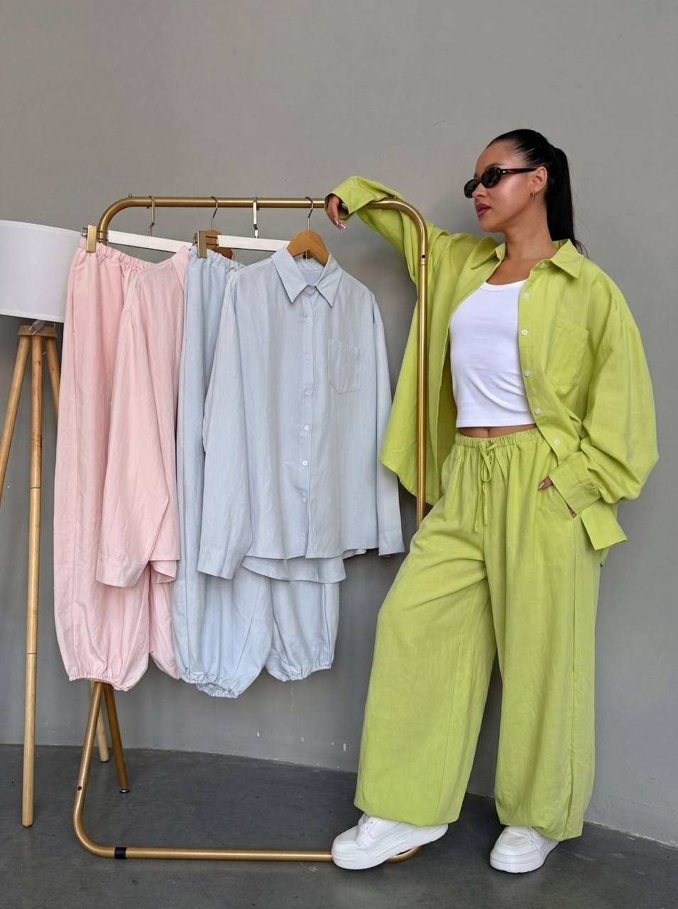 идеальный костюм изо льна: рубашка + брюки, lemon - l-xl,брючный костюм,летний женский костюм,костюм с брюками,летние костюмы