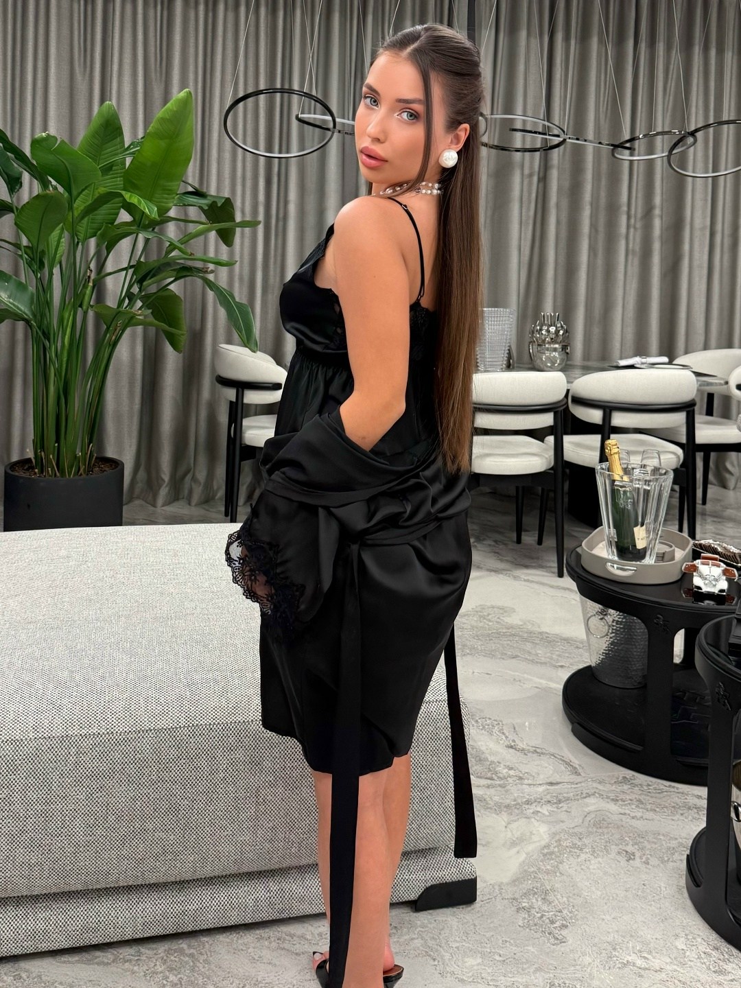 пеньюар комплект кружевной халат и сорочка mira style,пеньюар атласный,халат пеньюар,женский пеньюар,пеньюар