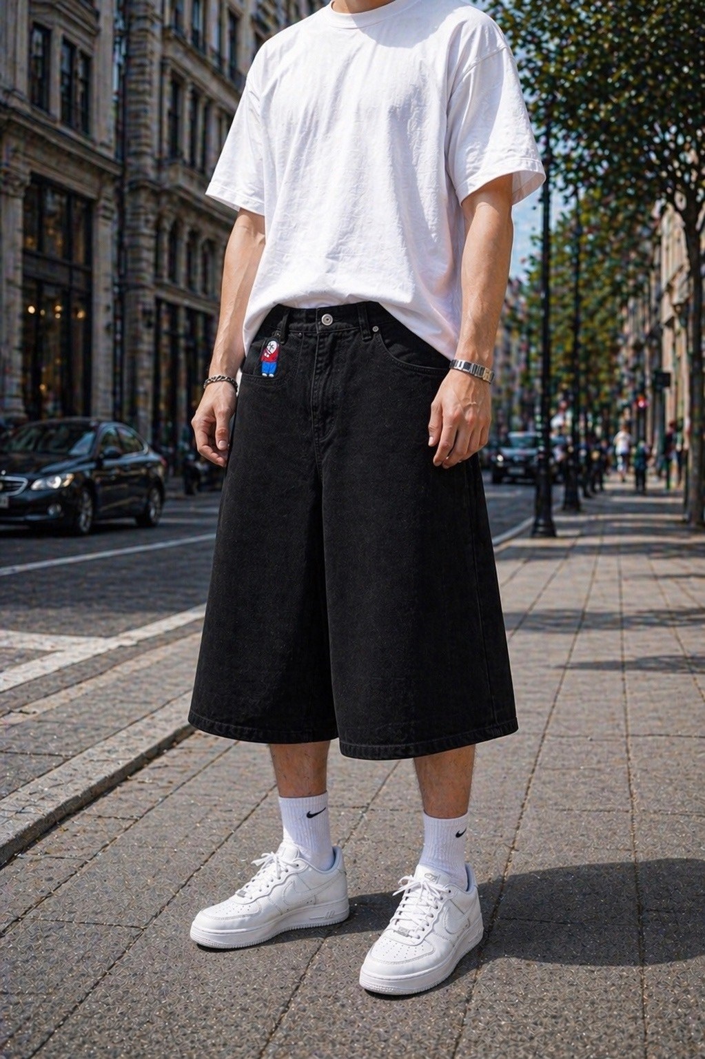 уличные мужские джинсовые шорты reddachic в стиле "шепот",мужские джинсовые шорты,шорты широкие,шорты мужские,длинные широкие шорты