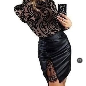 юбка из экокожи,кожаная юбка с разрезом,кожаная юбка с кружевом,кожаная юбка женская,кожаная юбка