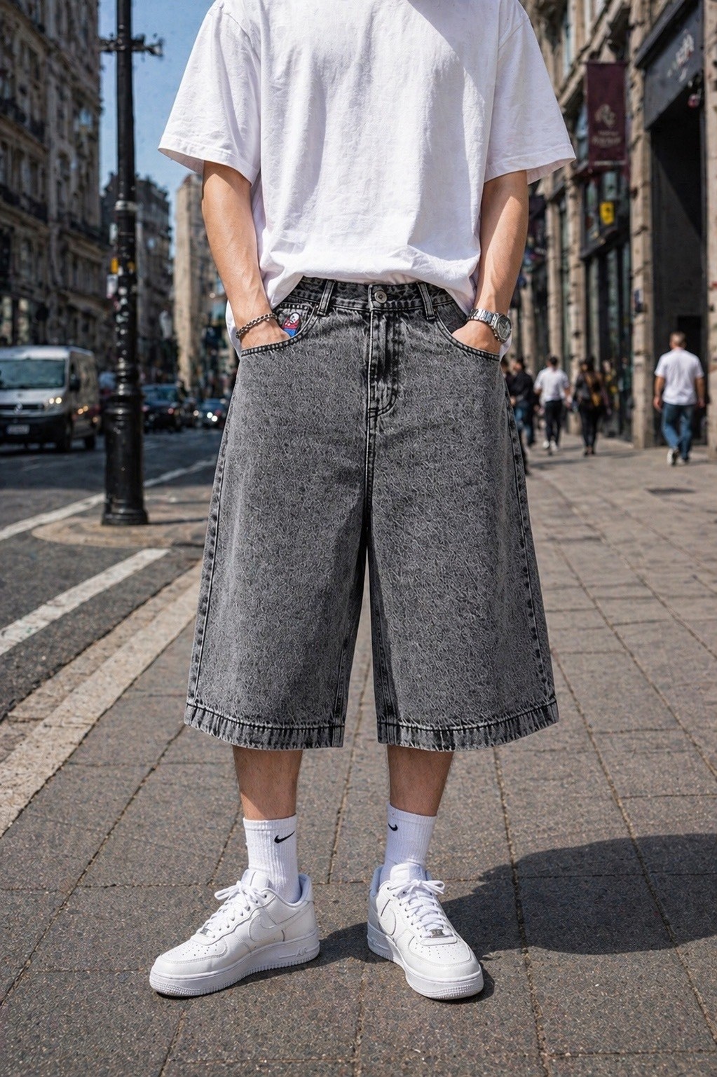 уличные мужские джинсовые шорты reddachic в стиле "шепот",мужские джинсовые шорты,шорты широкие,шорты мужские,длинные широкие шорты