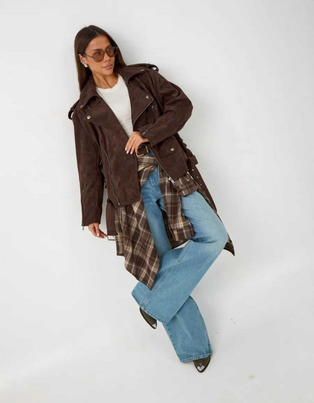 косуха кожаная куртка оверсайз saint shine,куртка косуха женская оверсайз с поясом коричневая,замшевая куртка,куртка из замши,косуха оверсайз кожаная куртка авиатор цвет коричневый