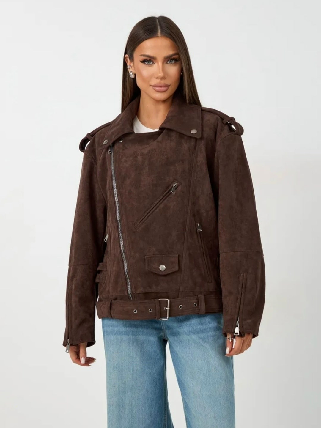 косуха кожаная куртка оверсайз saint shine,куртка косуха женская оверсайз с поясом коричневая,замшевая куртка,куртка из замши,косуха оверсайз кожаная куртка авиатор цвет коричневый