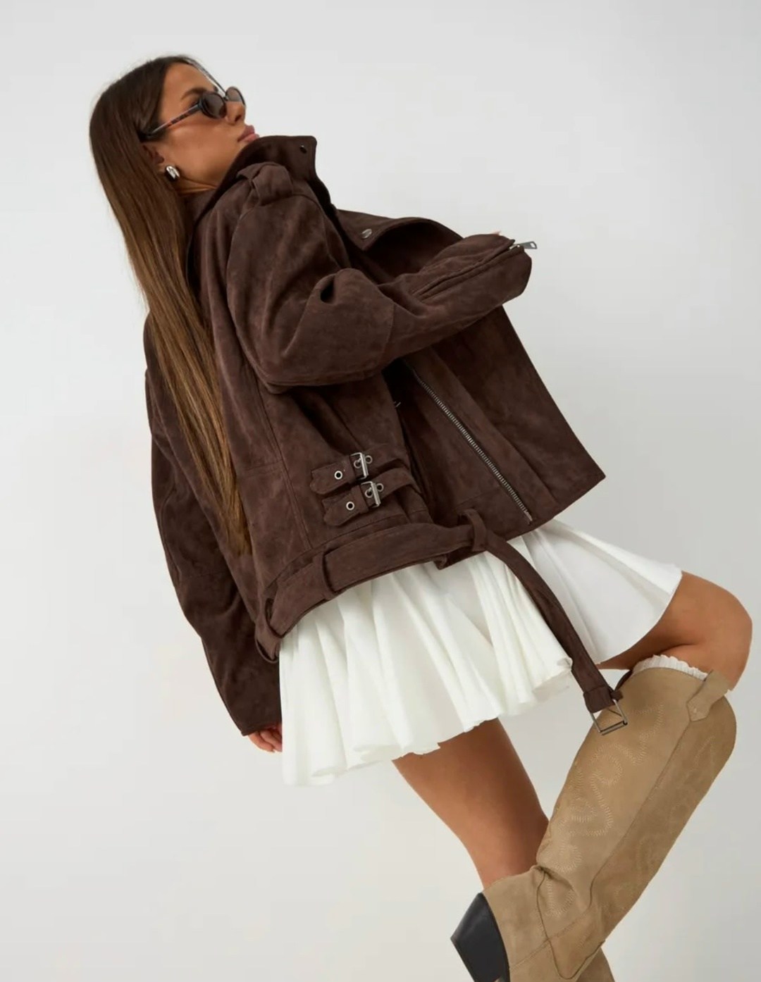 косуха кожаная куртка оверсайз saint shine,куртка косуха женская оверсайз с поясом коричневая,замшевая куртка,куртка из замши,косуха оверсайз кожаная куртка авиатор цвет коричневый