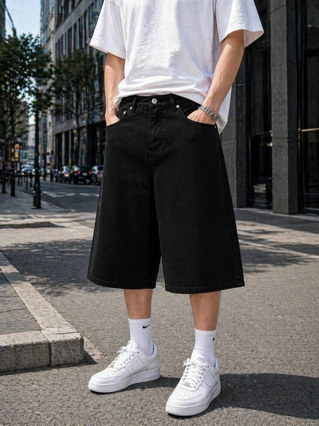 уличные мужские джинсовые шорты reddachic в стиле "шепот",мужские джинсовые шорты,шорты широкие,шорты мужские,длинные широкие шорты