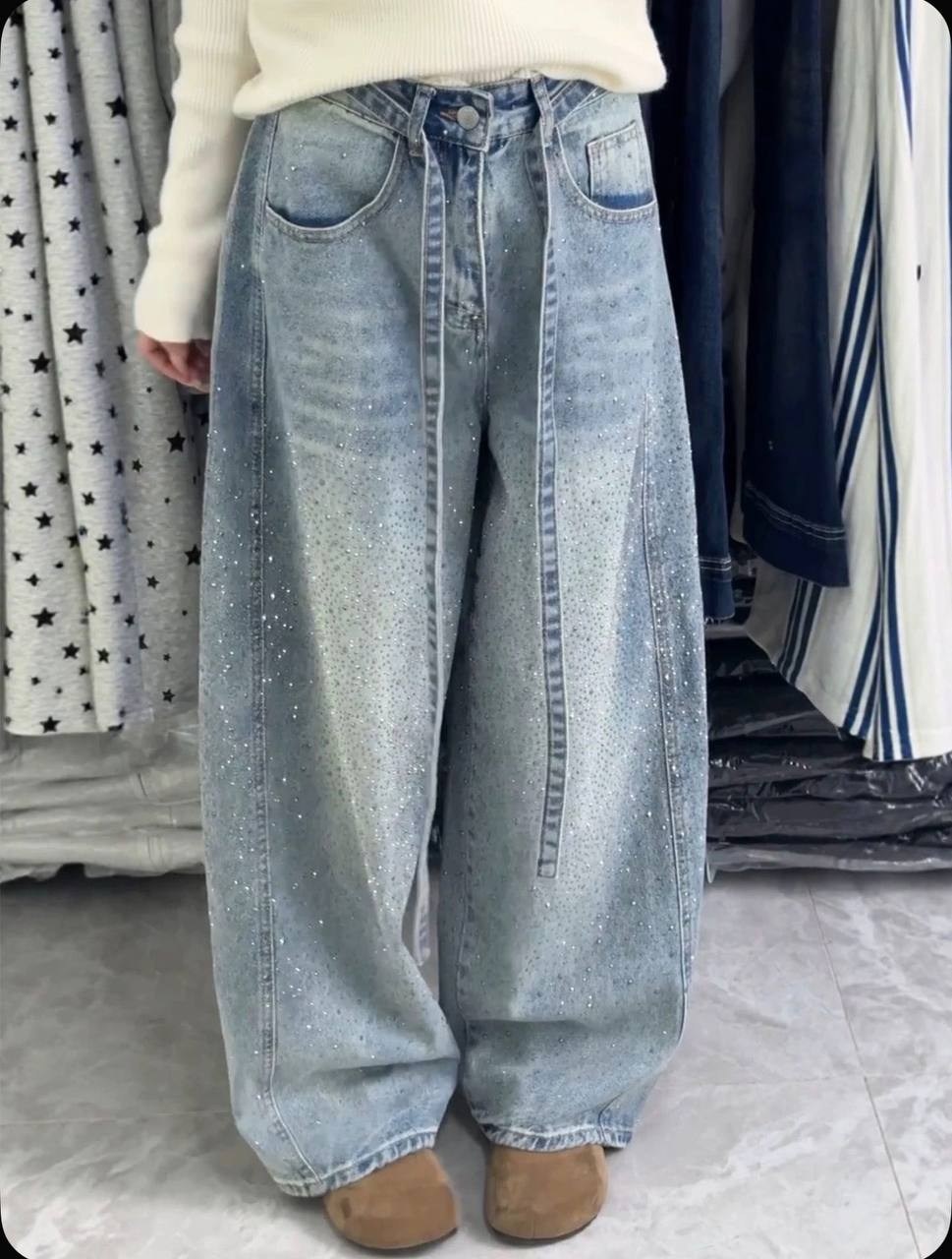 джинсы со стразами,джинсовые брюки,широкие джинсы со стразами,джинсы со стразами женские,джинсы с блестками