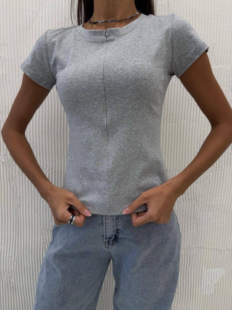 кроп топ,кофточка на молнии,женская блузка,блуза,вязаная футболка в рубчик с молнией нежно-голубая