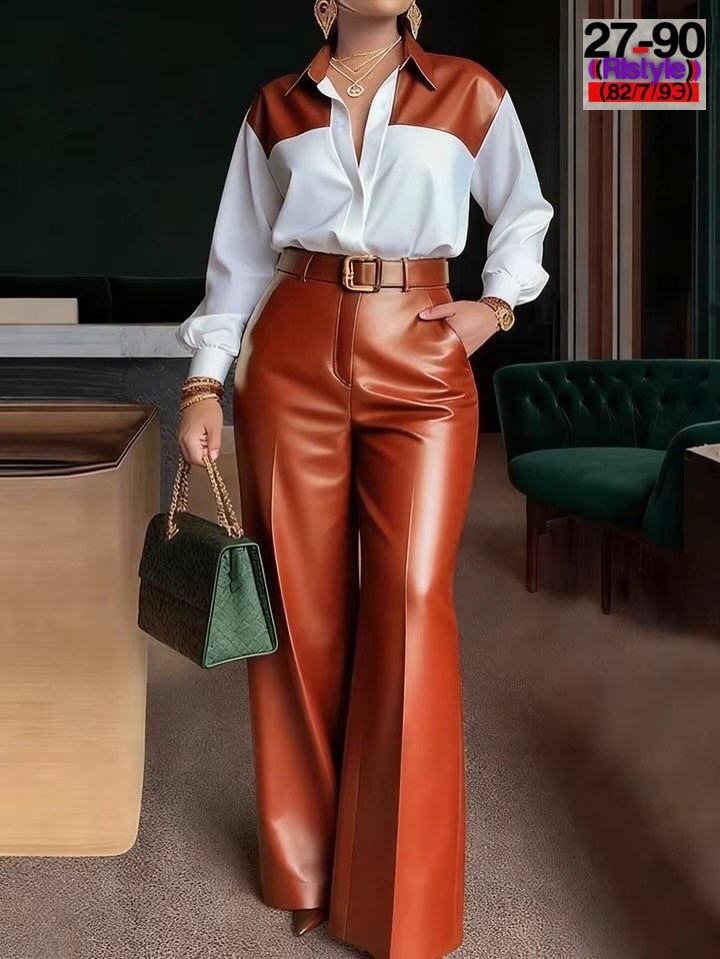 брюки комплект,брюки модные,женский брючный костюм,кожаные брюки широкие,женские брюки