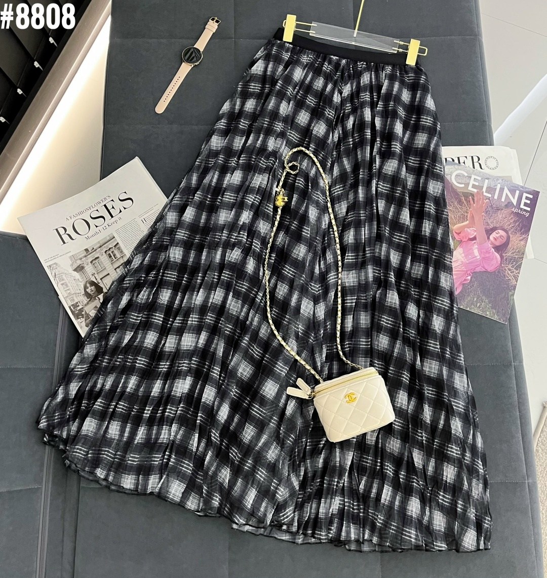 клетчатая юбка,длинная плиссированная клетчатая юбка с эластичной талией,женская клетчатая юбка,юбка в клетку длинная,юбка миди в клетку