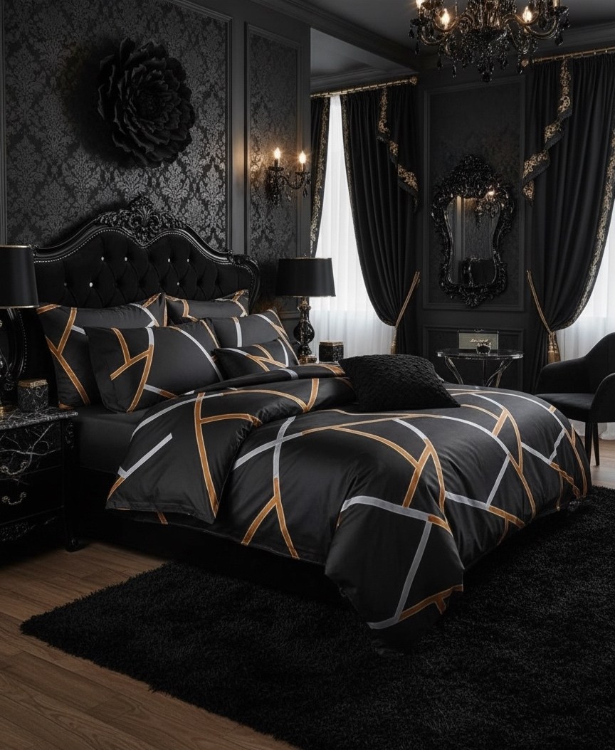 комплект постельного белья,черное постельное белье,постельное белье,роскошный комплект постельного белья,комплект постельного белья с геометрическим