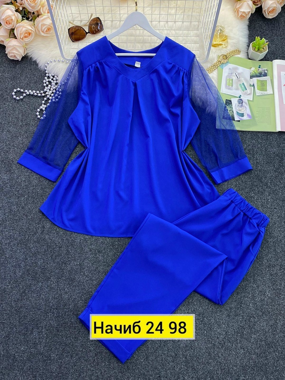 женский летний брючный костюм 56рамер,костюм женский,костюм с брюками,костюм брючный синий,женские костюмы больших размеров