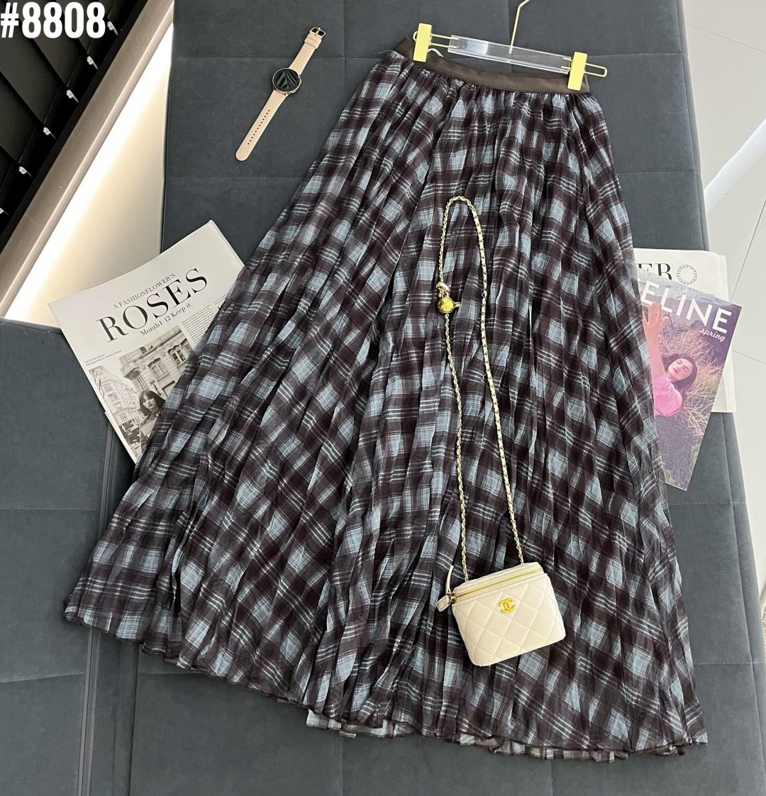 клетчатая юбка,длинная плиссированная клетчатая юбка с эластичной талией,женская клетчатая юбка,юбка в клетку длинная,юбка миди в клетку