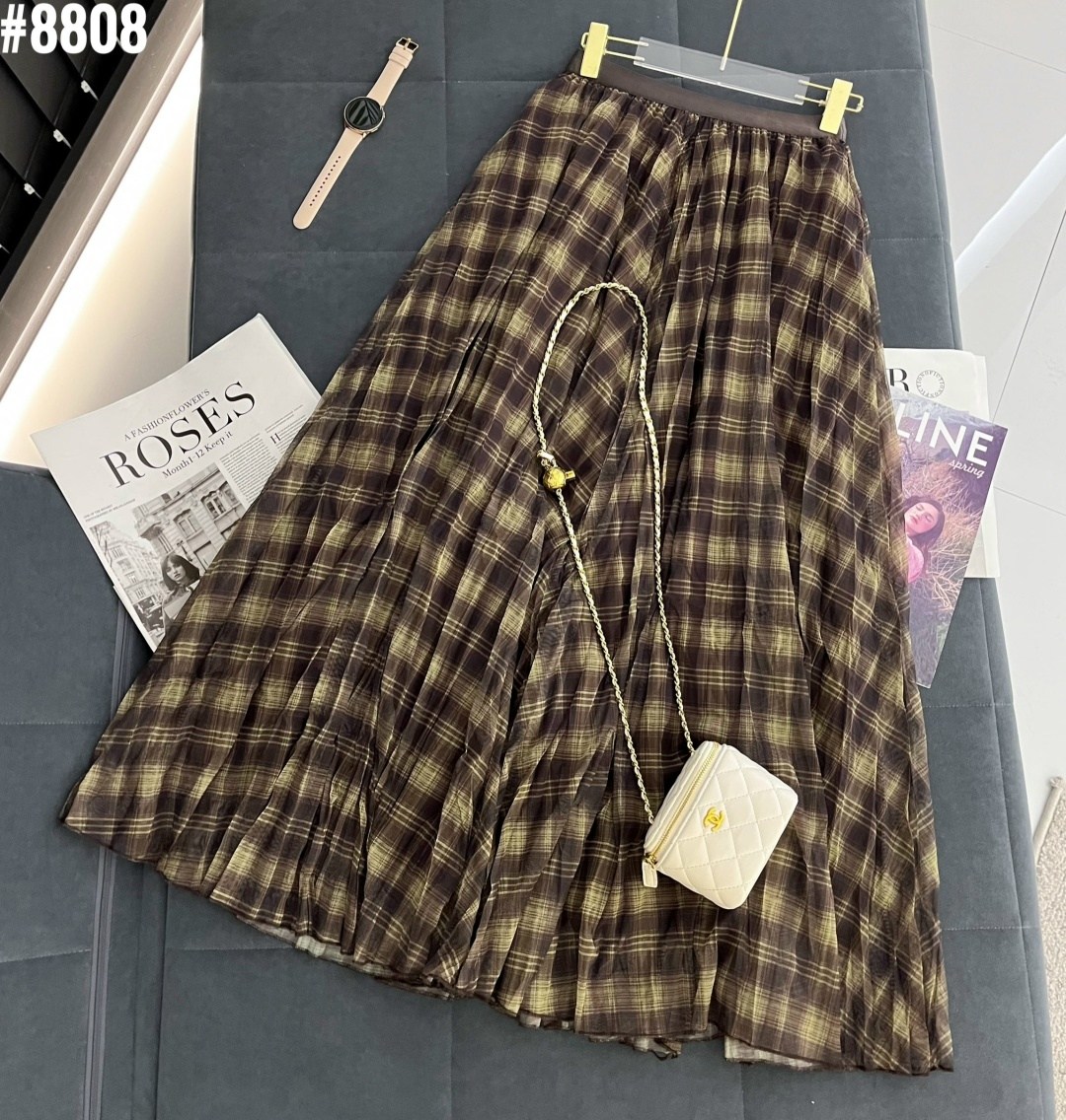 клетчатая юбка,длинная плиссированная клетчатая юбка с эластичной талией,женская клетчатая юбка,юбка в клетку длинная,юбка миди в клетку