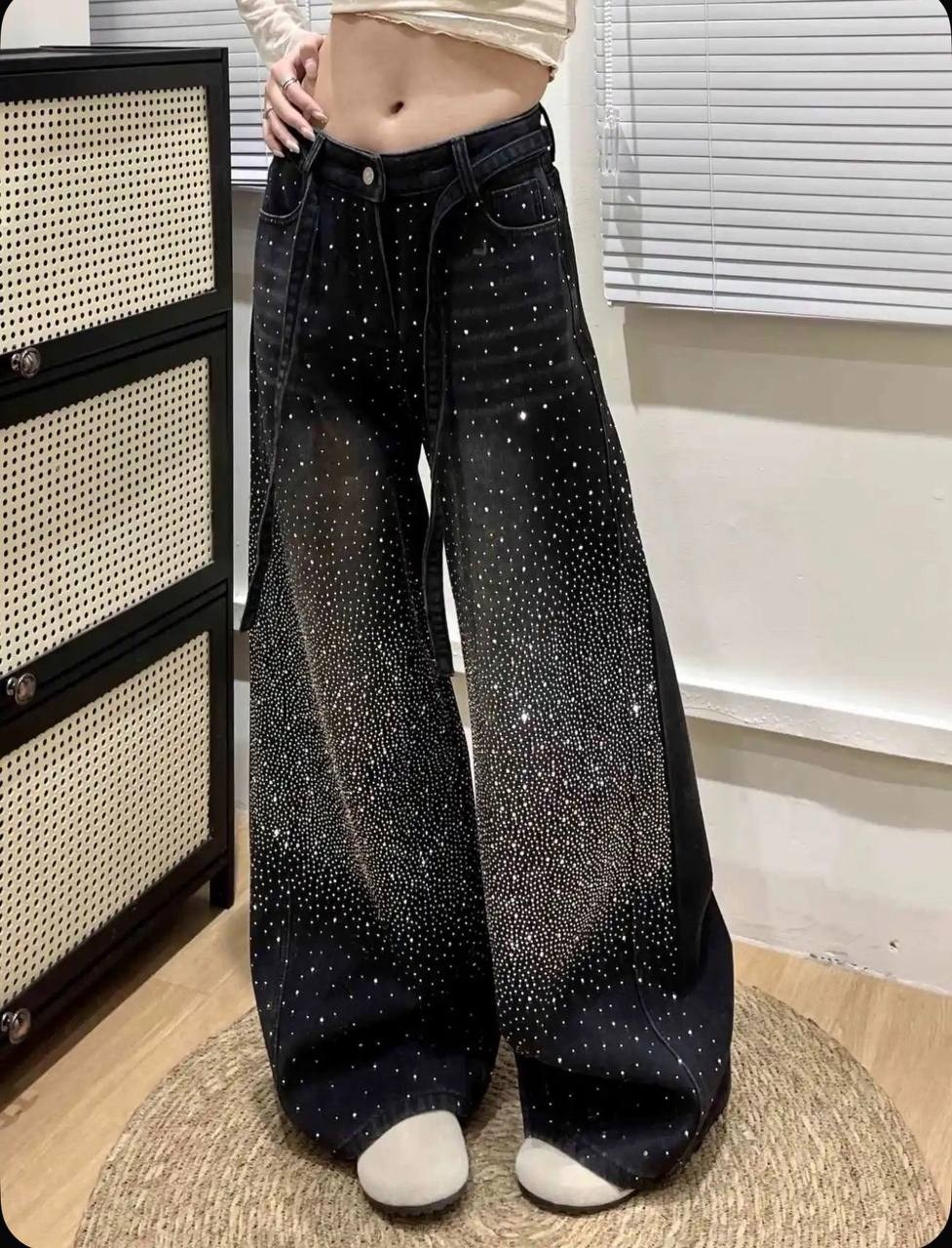 джинсы со стразами,джинсовые брюки,широкие джинсы со стразами,джинсы со стразами женские,джинсы с блестками