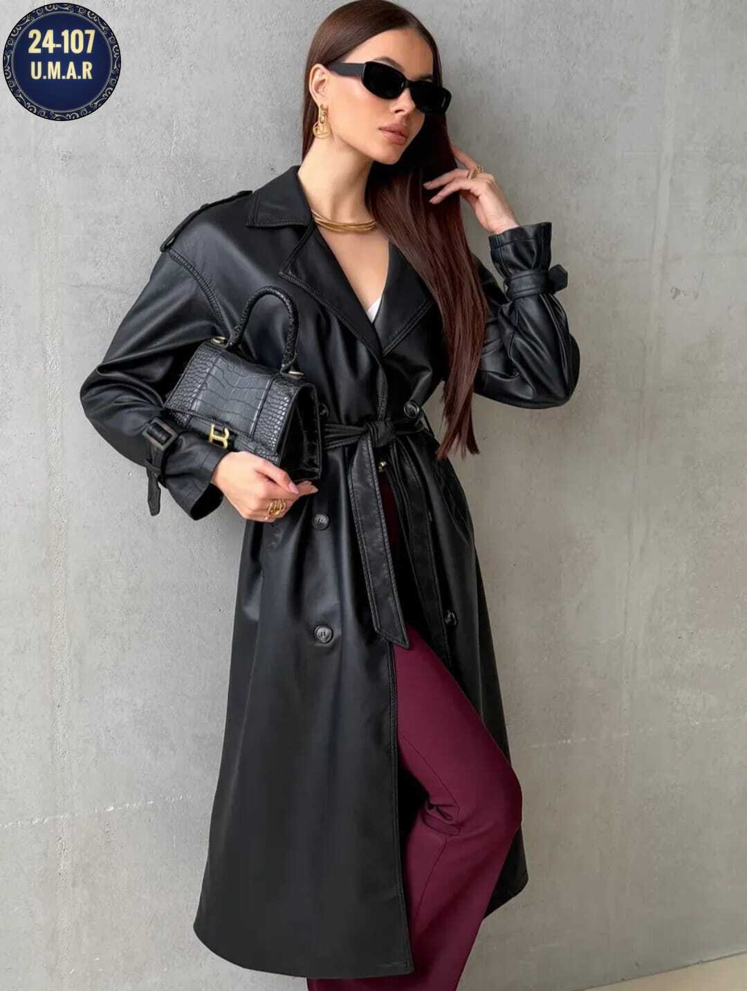 плащ тренч кожаный,тренч из экокожи в базовом черном цвете,черный кожаный плащ женский,тренч кожаный,тренч из экокожи
