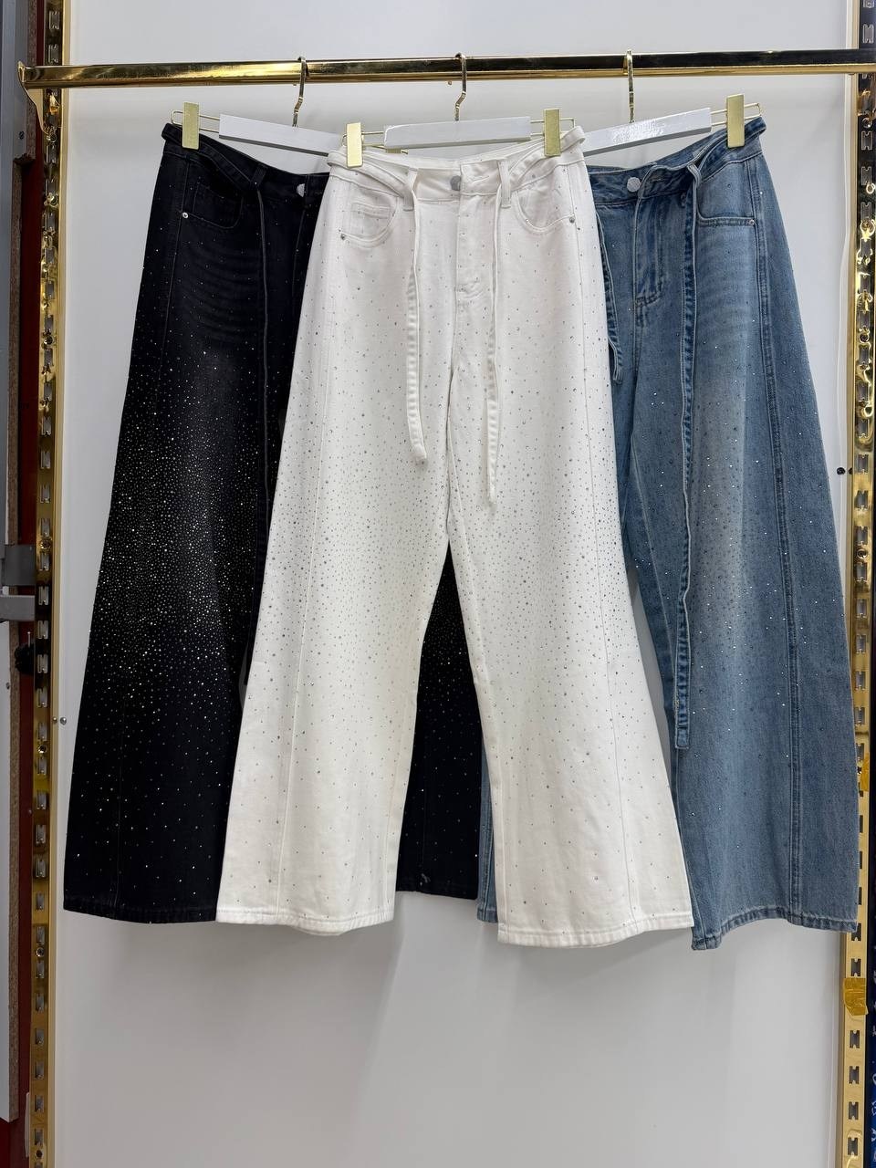 джинсы со стразами,джинсовые брюки,широкие джинсы со стразами,джинсы со стразами женские,джинсы с блестками