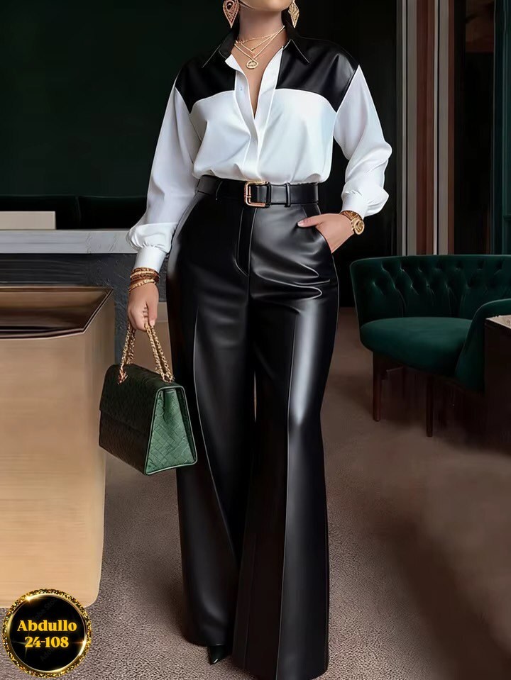 образ с брюками палаццо,брюки кожаные палаццо штаны широкие floy 251339977,брюки из искусственной кожи с высокой талией,женские брюки кожаные,широкие брюки