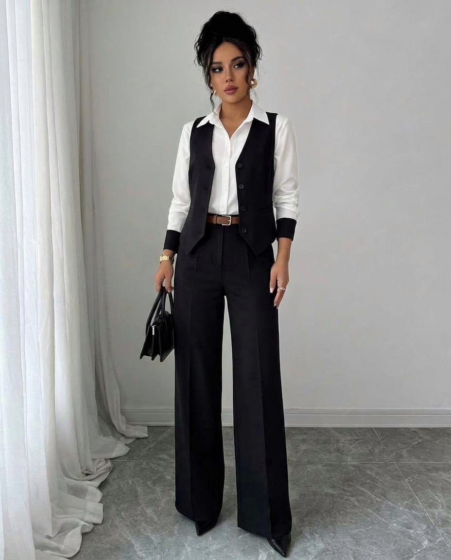 брючный костюм с жилетом,брючный костюм на выпускной,брюки элегантные,костюм с жилеткой брючный adelva,жилет и брюки