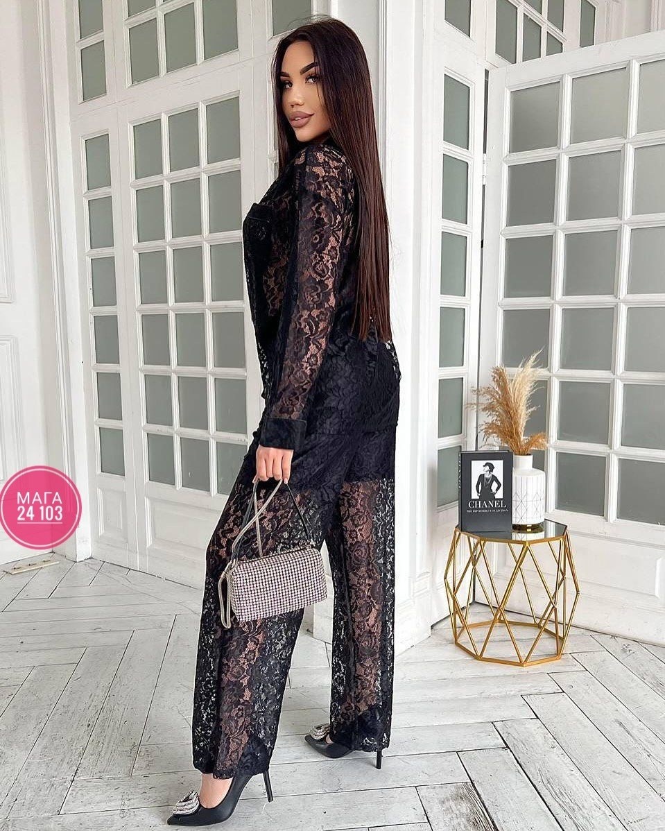 гипюровый костюм,костюм двойка гипюр,брючный костюм,женский костюм двойка гипюр,костюм кружевной брючный с поясом гипюр emberens